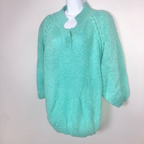 Vintage 90s Womens 20W Sweater Green Knit Collared 3/4 Sleeve New - Picture 3 of 7